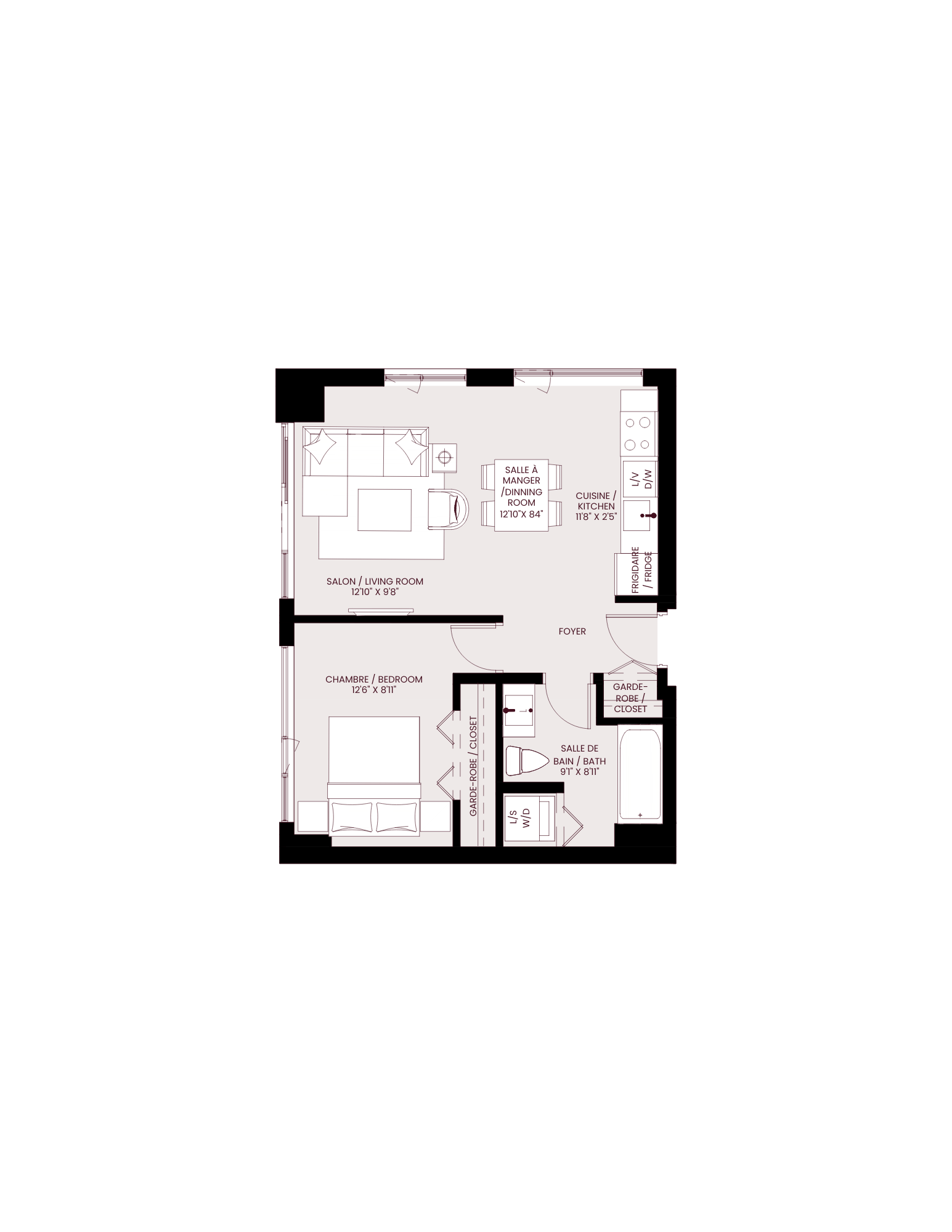 Floor plan for 1 bed, 1 bath, 599 sqft